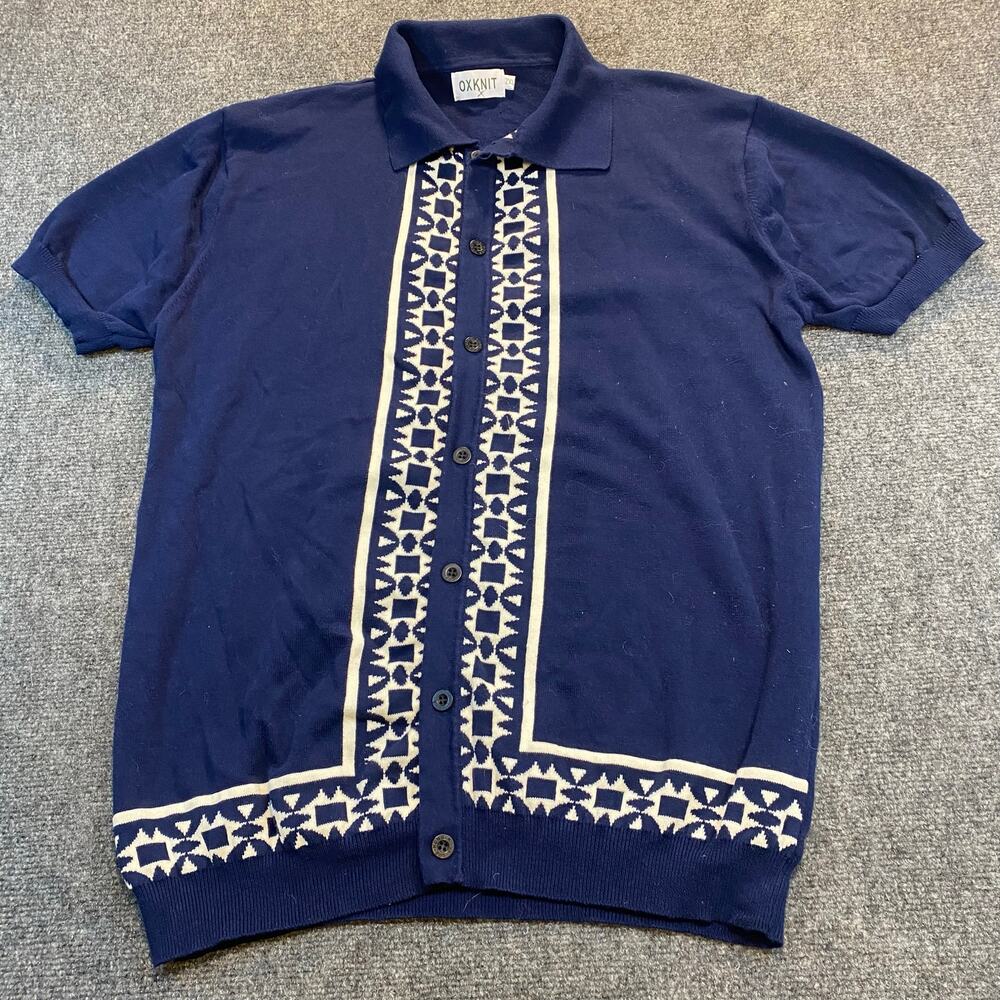 Ox Knit Mens 2XL XXL Navy Blue Short Sleeve Collared Cardigan Sweater All Cotton